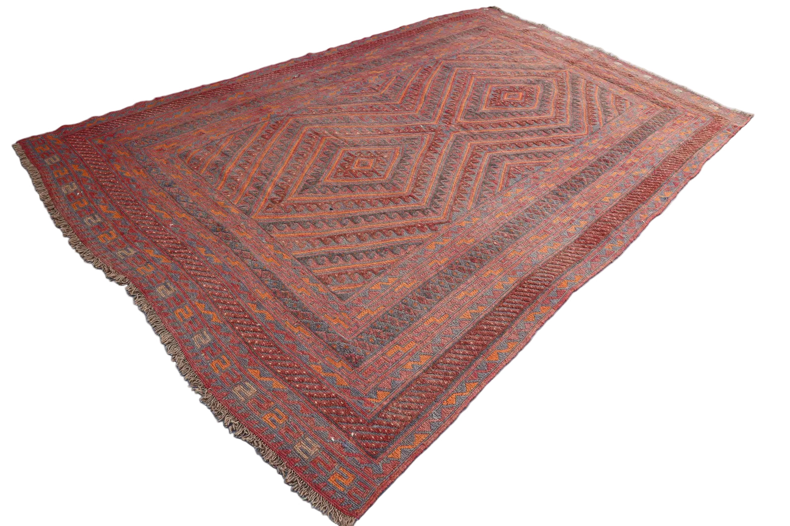 Afghan Mashwani Rug 6.4 × 10.0 ft (195 × 305 cm) – Handwoven Wool Tribal Rug | Geometric Red & Orange Pattern