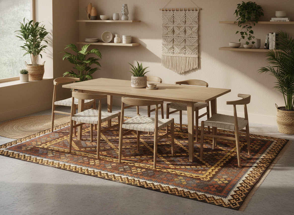 Afghan Kilim Rug 202 × 290 cm – Handwoven Wool Flatweave | Brown Geometric Tribal Carpet | 7 × 10 ft