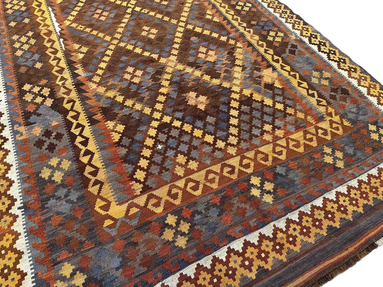 Afghan Kilim Rug 202 × 290 cm – Handwoven Wool Flatweave | Brown Geometric Tribal Carpet | 7 × 10 ft