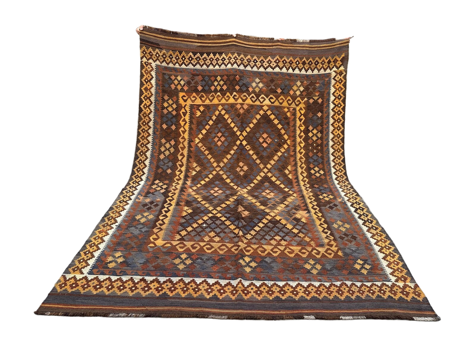 Afghan Kilim Rug 202 × 290 cm – Handwoven Wool Flatweave | Brown Geometric Tribal Carpet | 7 × 10 ft