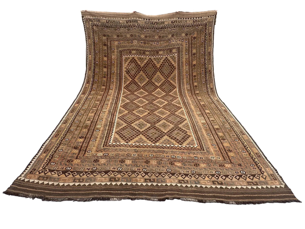 Large Afghan Kilim Rug 287 × 467 cm – Handwoven Wool Flatweave | Neutral Tribal Geometric Carpet | 9.4 × 15.3 ft