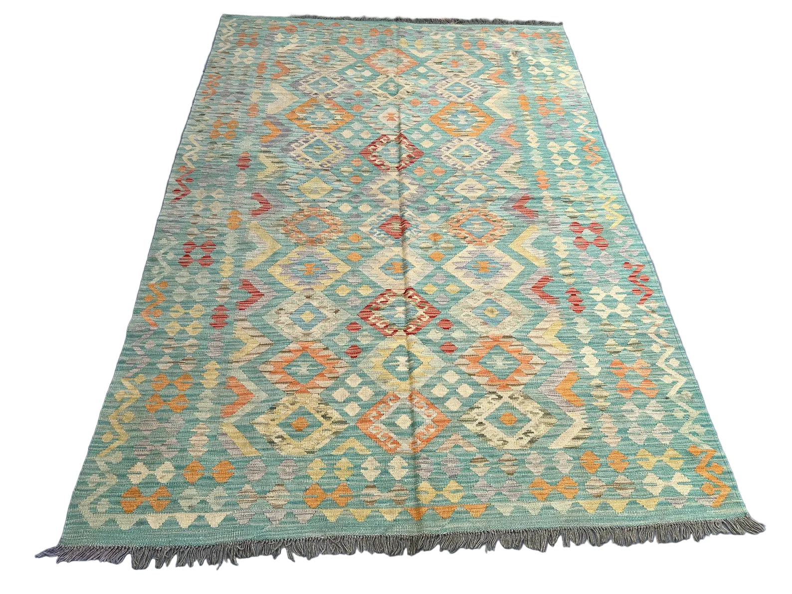 Pastel Afghan Kilim Rug 180 × 250 cm – Handwoven Flat Weave Carpet | Soft Geometric Tribal Design | 5.9 × 8.2 ft