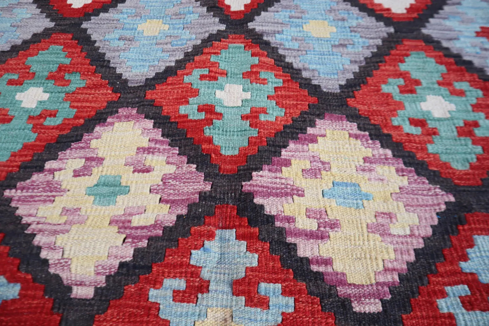 Handmade Afghan Kilim  Rug 206 × 300 cm – 6’9× 9’10 | Boho Tribal Flatweave | Multicolour Geometric Design