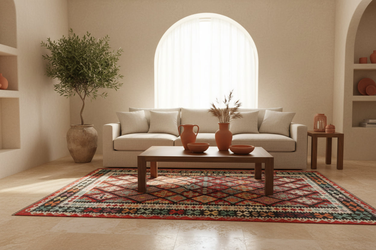 Handmade Afghan Kilim  Rug 206 × 300 cm – 6’9× 9’10 | Boho Tribal Flatweave | Multicolour Geometric Design