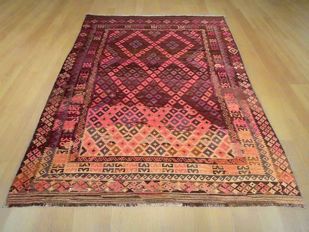 Handmade Afghan Kilim Rug – Vintage Geometric Tribal Wool Carpet | 8x11ft (244x350cm) Oriental Area Rug by Nomad Weaves