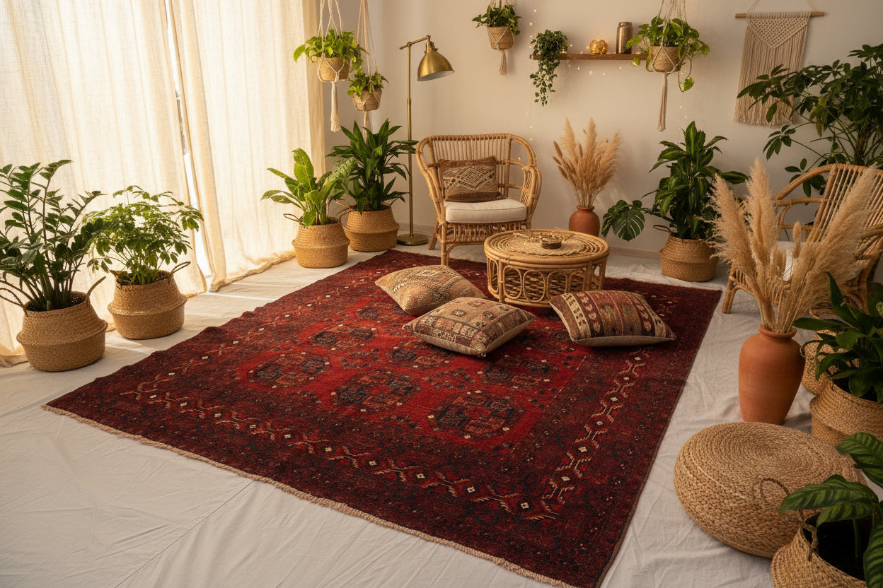 Vintage Baluch Afghan Rug – 223x250 cm | Deep Red Tribal Wool Carpet