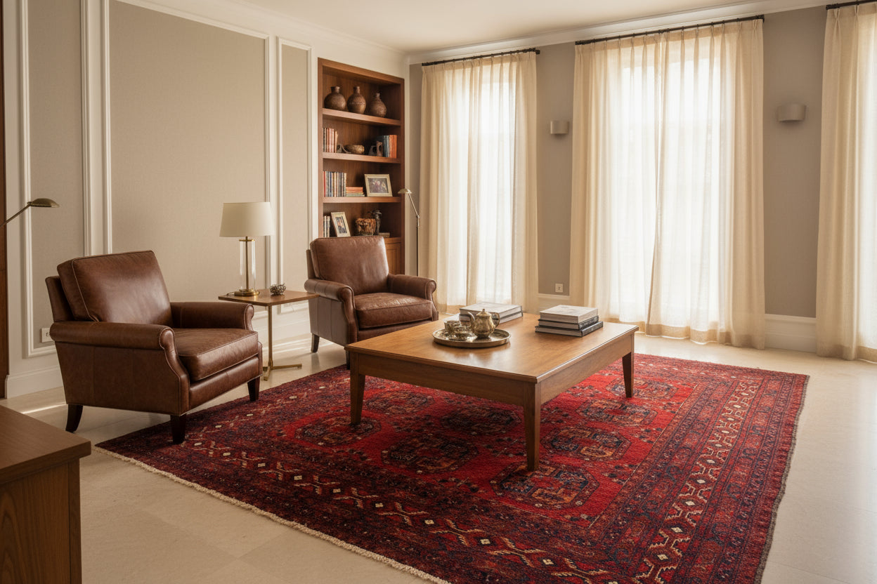 Vintage Baluch Afghan Rug – 223x250 cm | Deep Red Tribal Wool Carpet