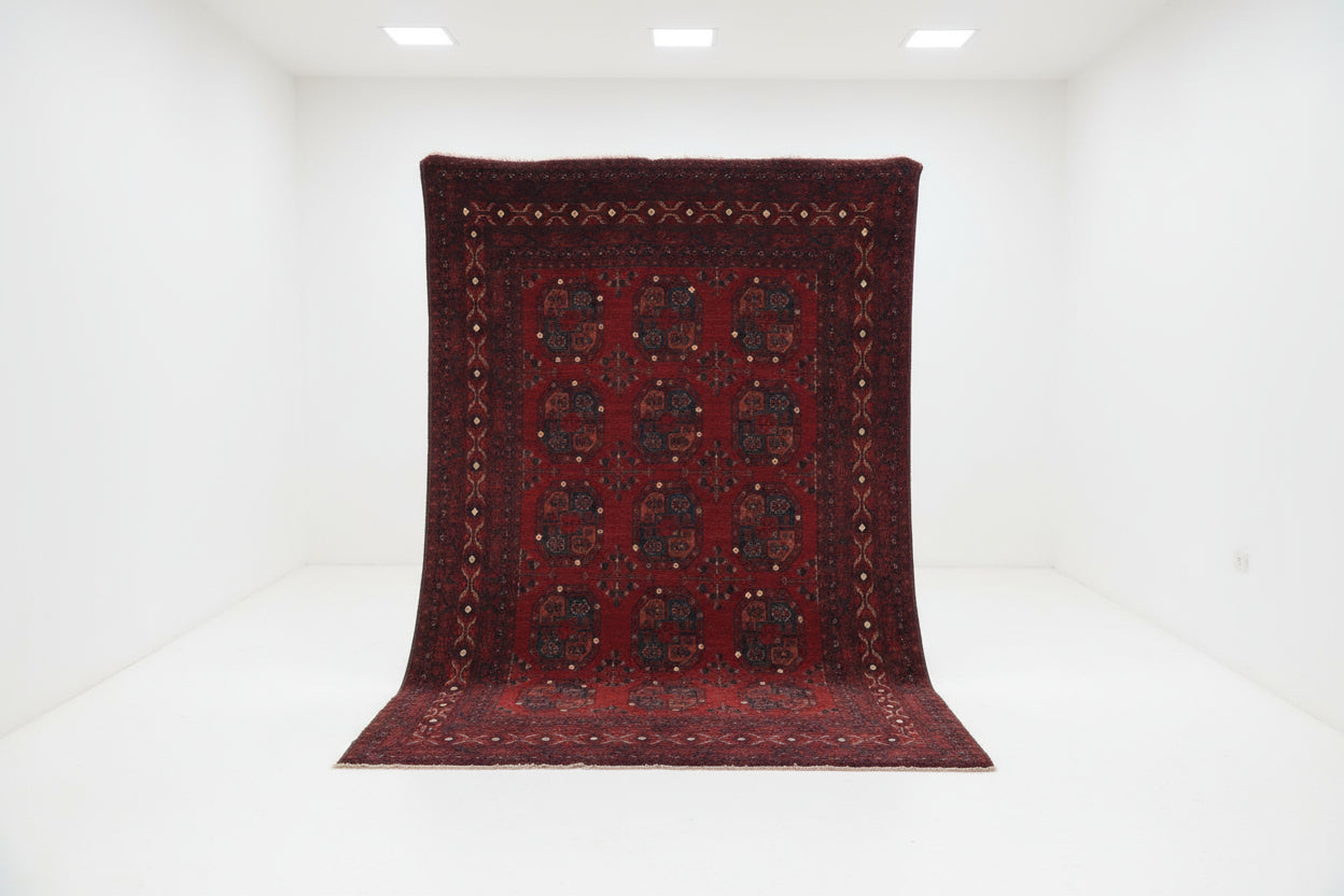 Vintage Baluch Afghan Rug – 223x250 cm | Deep Red Tribal Wool Carpet