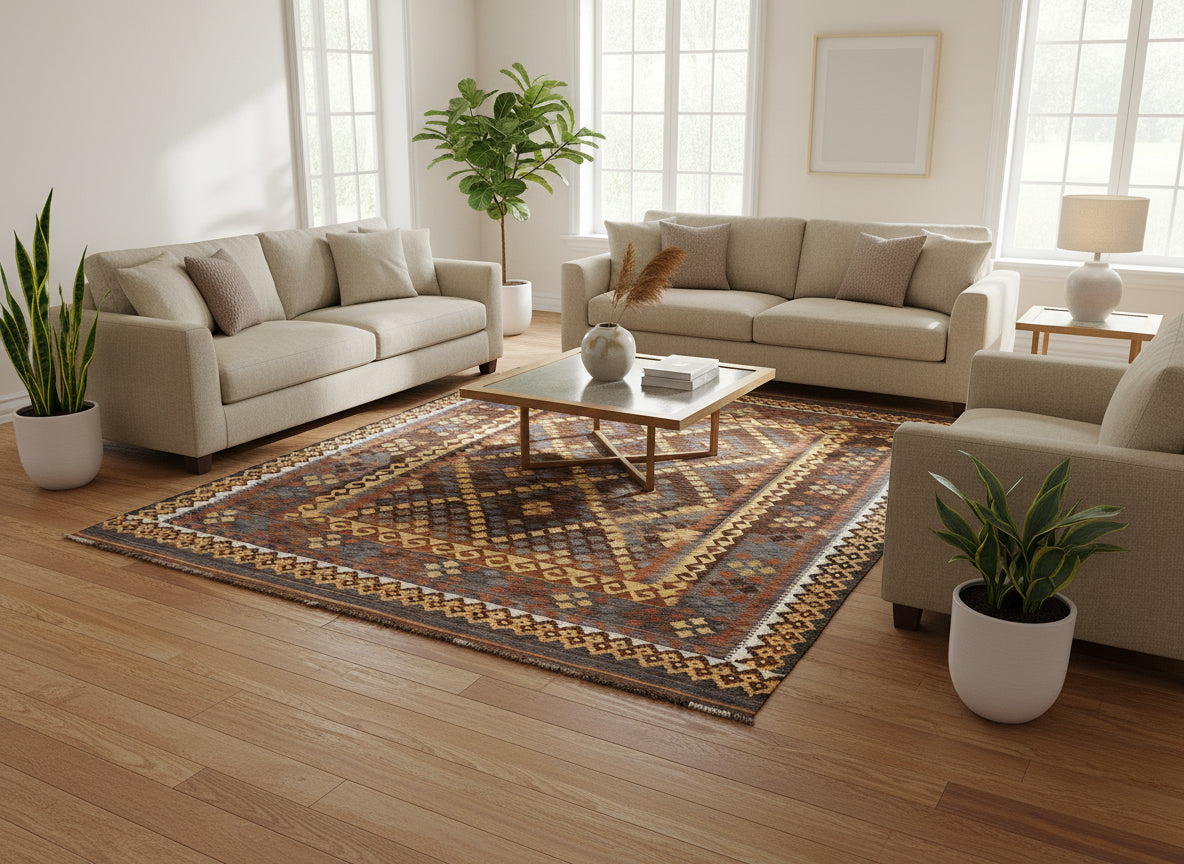 Afghan Kilim Rug 202 × 290 cm – Handwoven Wool Flatweave | Brown Geometric Tribal Carpet | 7 × 10 ft