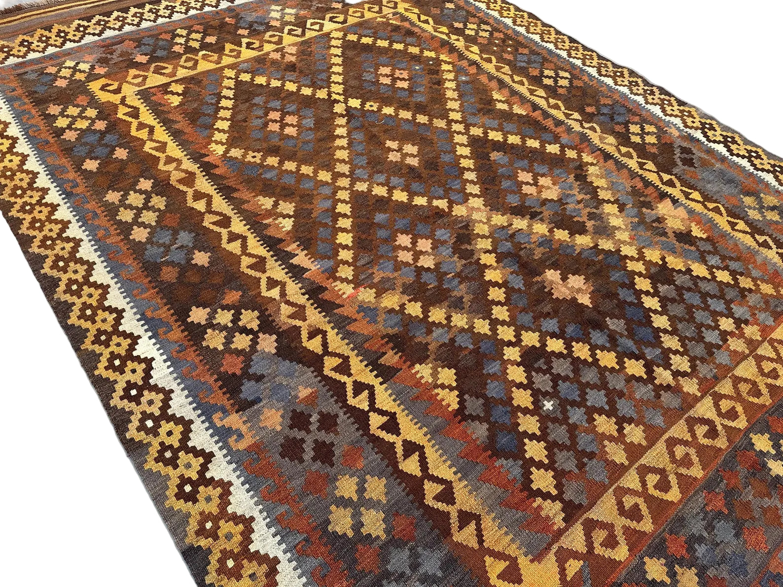 Afghan Kilim Rug 202 × 290 cm – Handwoven Wool Flatweave | Brown Geometric Tribal Carpet | 7 × 10 ft