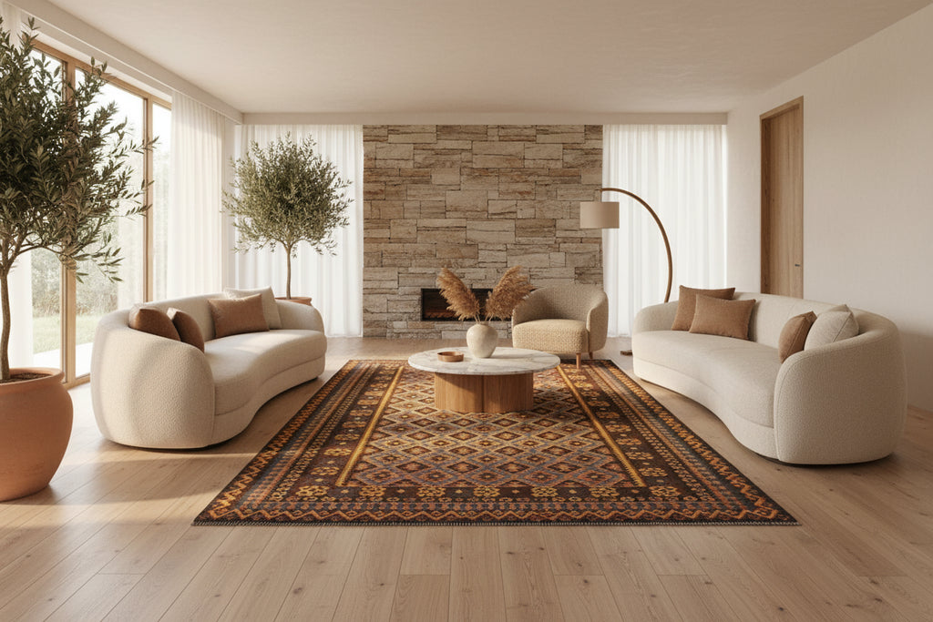 Earth-Tone Afghan Kilim Rug – 203 x 307 cm | Vintage Handwoven Wool Carpet