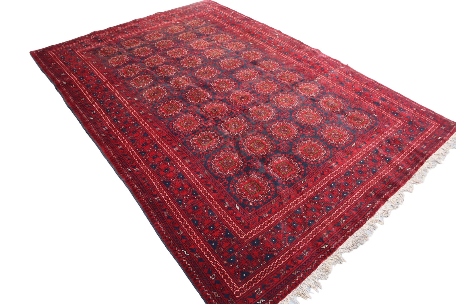Red Vintage Bokhara Rug 6.8 × 10.0 ft (207 × 305 cm) – Large Living Room Area Rug | Oriental Wool Carpet