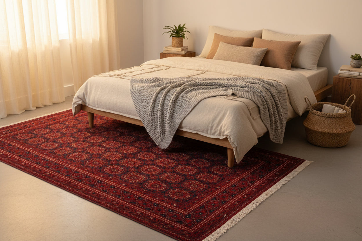 Red Vintage Bokhara Rug 6.8 × 10.0 ft (207 × 305 cm) – Large Living Room Area Rug | Oriental Wool Carpet