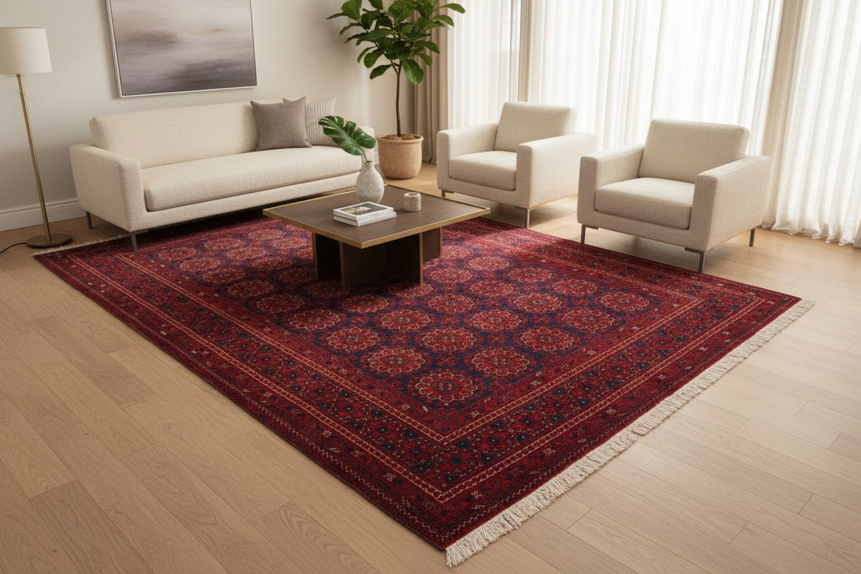 Red Vintage Bokhara Rug 6.8 × 10.0 ft (207 × 305 cm) – Large Living Room Area Rug | Oriental Wool Carpet