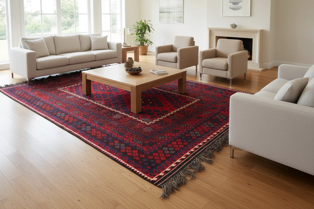 Handmade Afghan Kilim Rug – 244x396 cm | Large Deep Red & Navy Wool Carpet