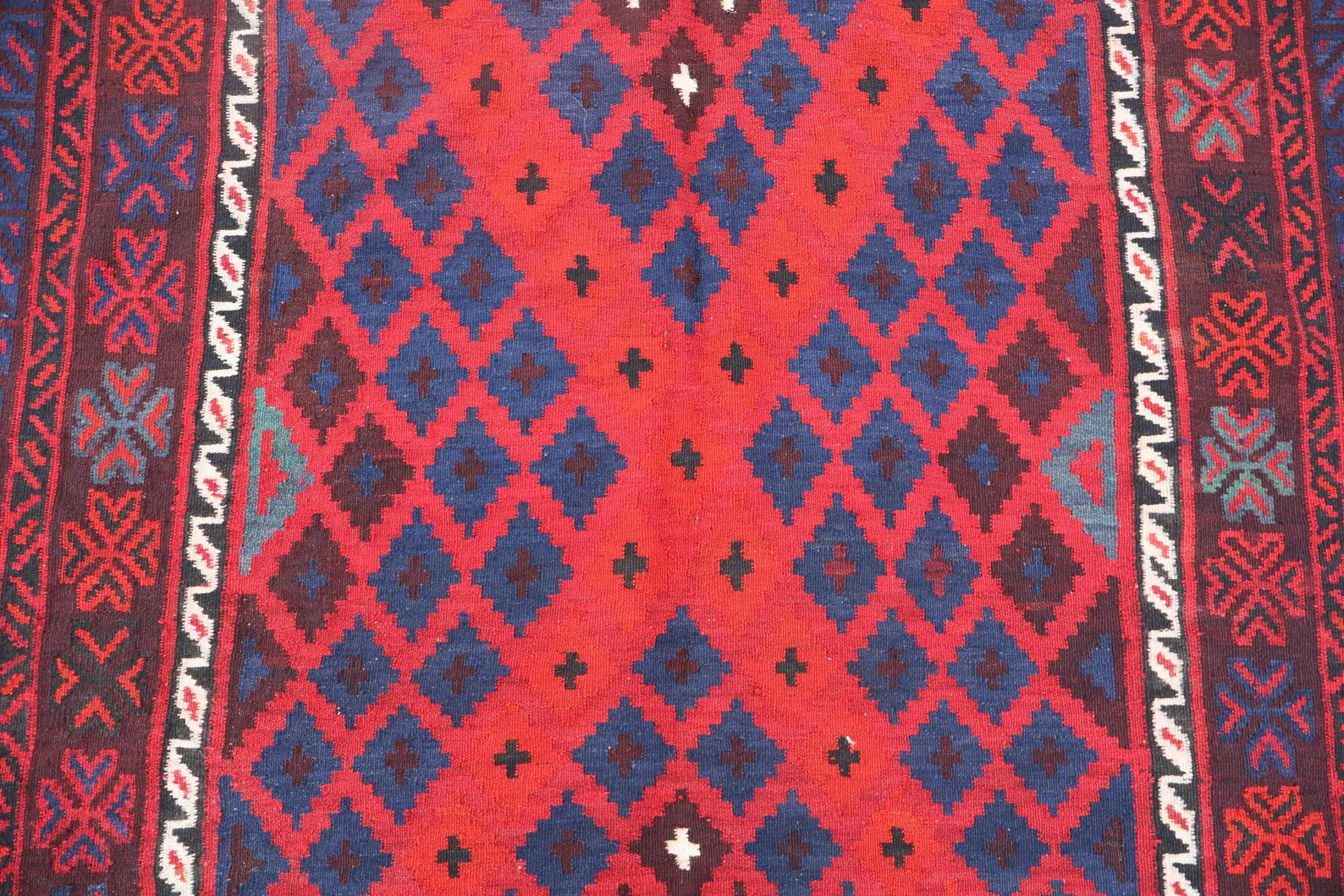 Handmade Afghan Kilim Rug – 244x396 cm | Large Deep Red & Navy Wool Carpet