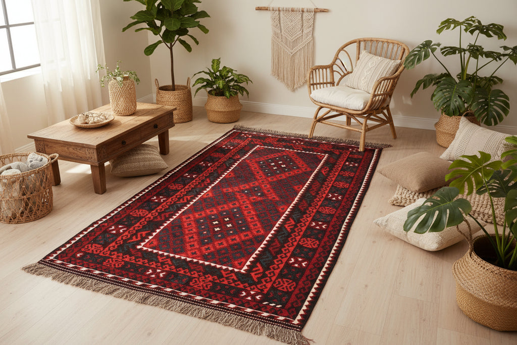 Handmade Afghan Kilim Rug – 152x305 cm | Deep Red & Black Tribal Wool Carpet