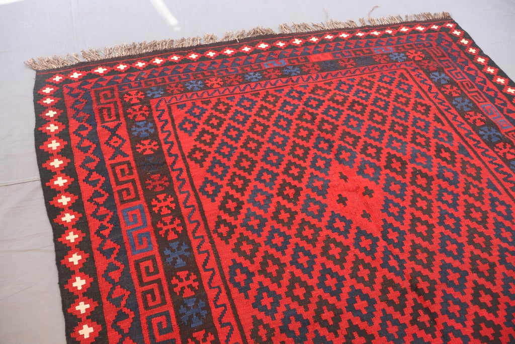 Handmade Afghan Kilim Rug – 183x305 cm | Red & Navy Tribal Wool Carpet