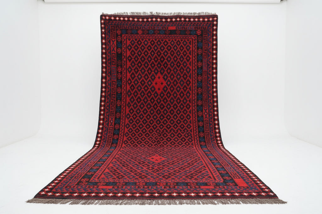 Handmade Afghan Kilim Rug – 183x305 cm | Red & Navy Tribal Wool Carpet
