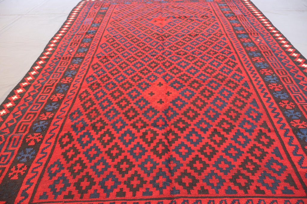 Handmade Afghan Kilim Rug – 183x305 cm | Red & Navy Tribal Wool Carpet