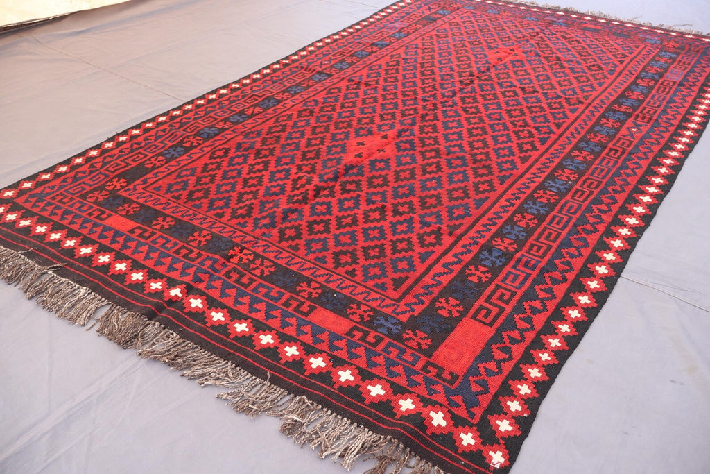 Handmade Afghan Kilim Rug – 183x305 cm | Red & Navy Tribal Wool Carpet