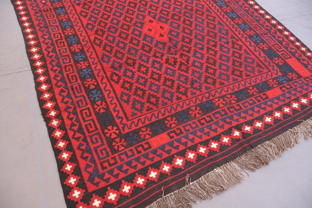 Handmade Afghan Kilim Rug – 183x305 cm | Red & Navy Tribal Wool Carpet