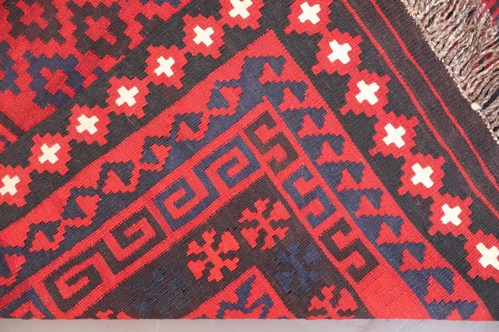 Handmade Afghan Kilim Rug – 183x305 cm | Red & Navy Tribal Wool Carpet