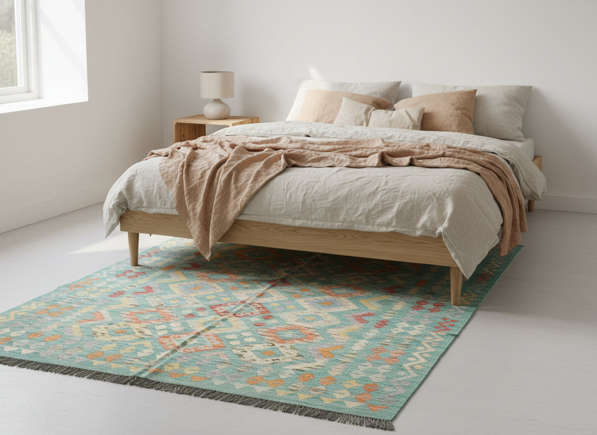 Pastel Afghan Kilim Rug 180 × 250 cm – Handwoven Flat Weave Carpet | Soft Geometric Tribal Design | 5.9 × 8.2 ft