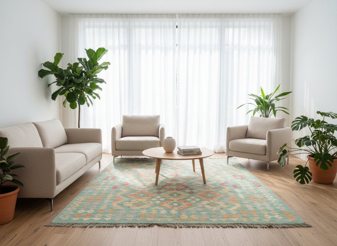 Pastel Afghan Kilim Rug 180 × 250 cm – Handwoven Flat Weave Carpet | Soft Geometric Tribal Design | 5.9 × 8.2 ft