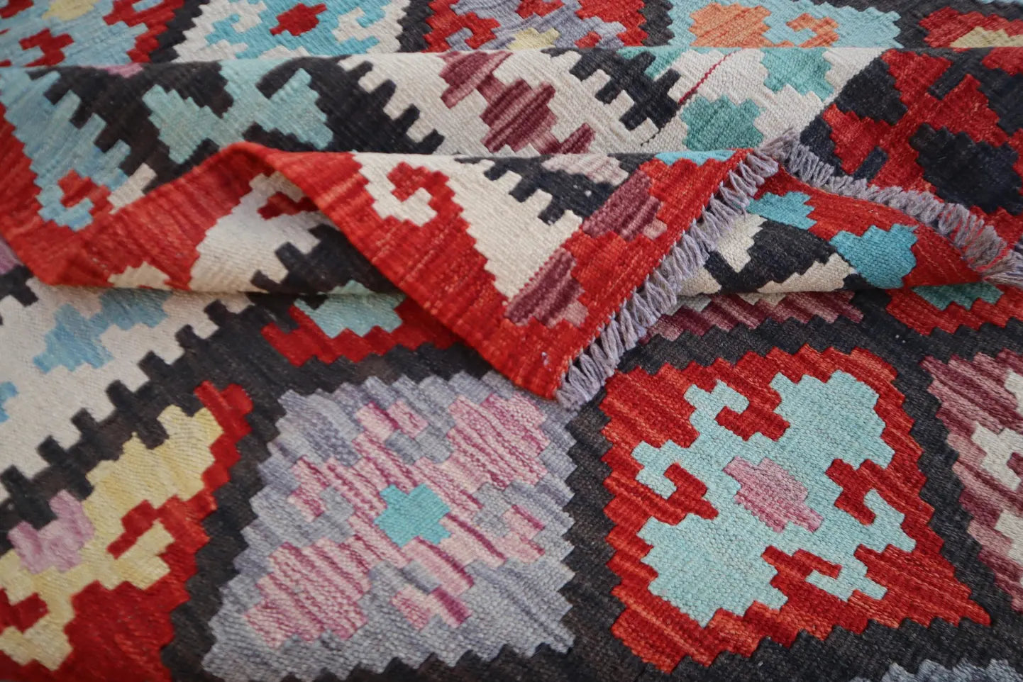 Handmade Afghan Kilim  Rug 206 × 300 cm – 6’9× 9’10 | Boho Tribal Flatweave | Multicolour Geometric Design