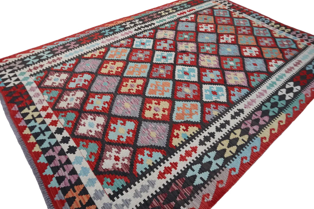 Handmade Afghan Kilim  Rug 206 × 300 cm – 6’9× 9’10 | Boho Tribal Flatweave | Multicolour Geometric Design
