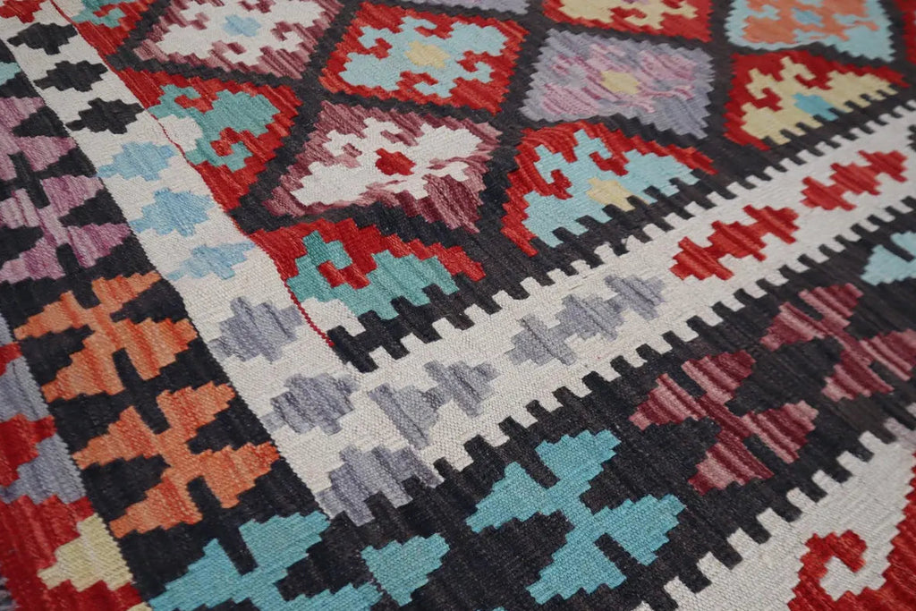 Handmade Afghan Kilim  Rug 206 × 300 cm – 6’9× 9’10 | Boho Tribal Flatweave | Multicolour Geometric Design