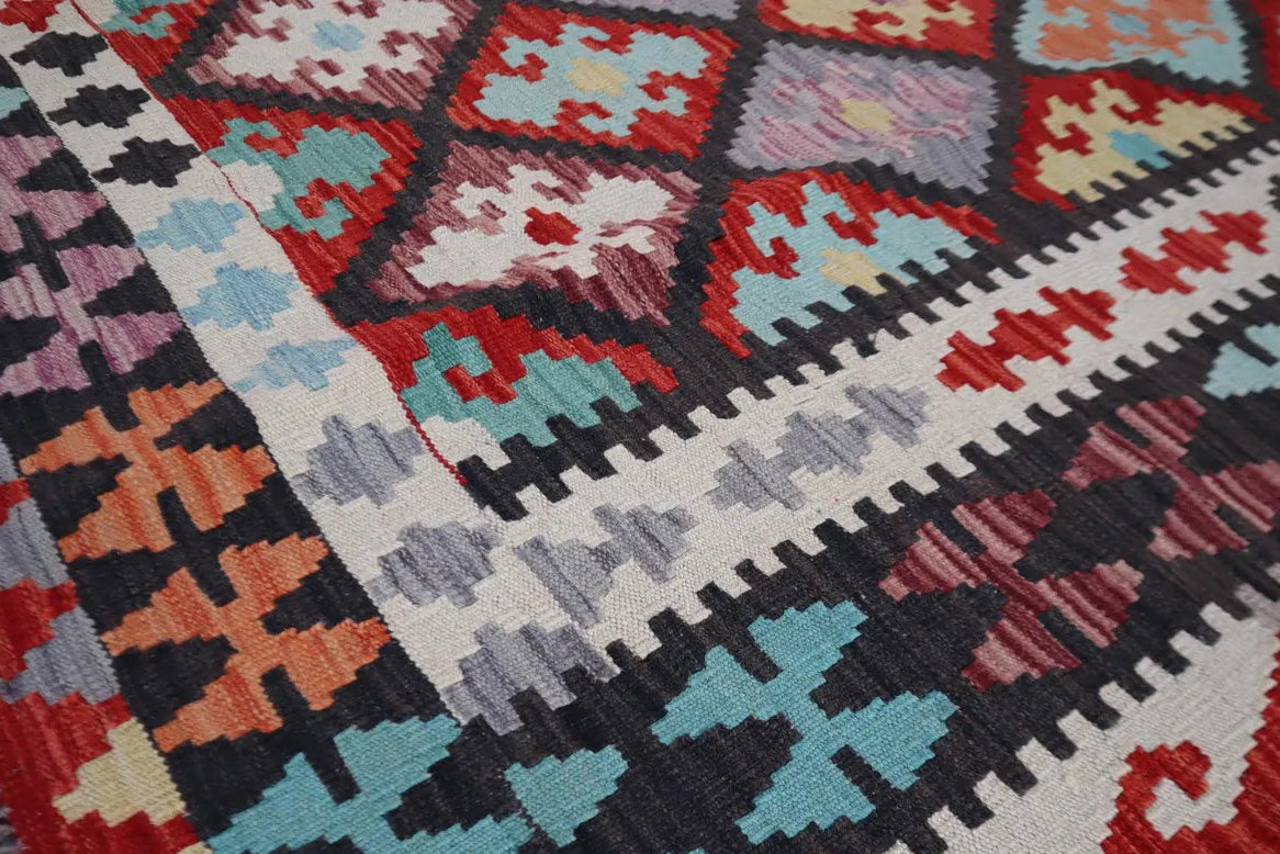 Handmade Afghan Kilim  Rug 206 × 300 cm – 6’9× 9’10 | Boho Tribal Flatweave | Multicolour Geometric Design