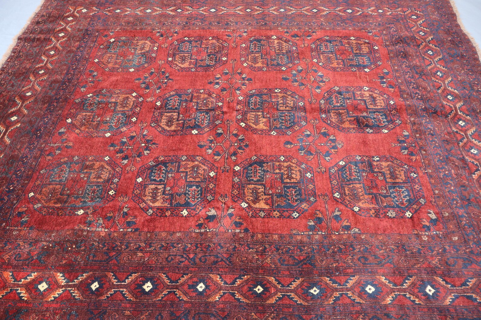 Vintage Baluch Afghan Rug – 223x250 cm | Deep Red Tribal Wool Carpet