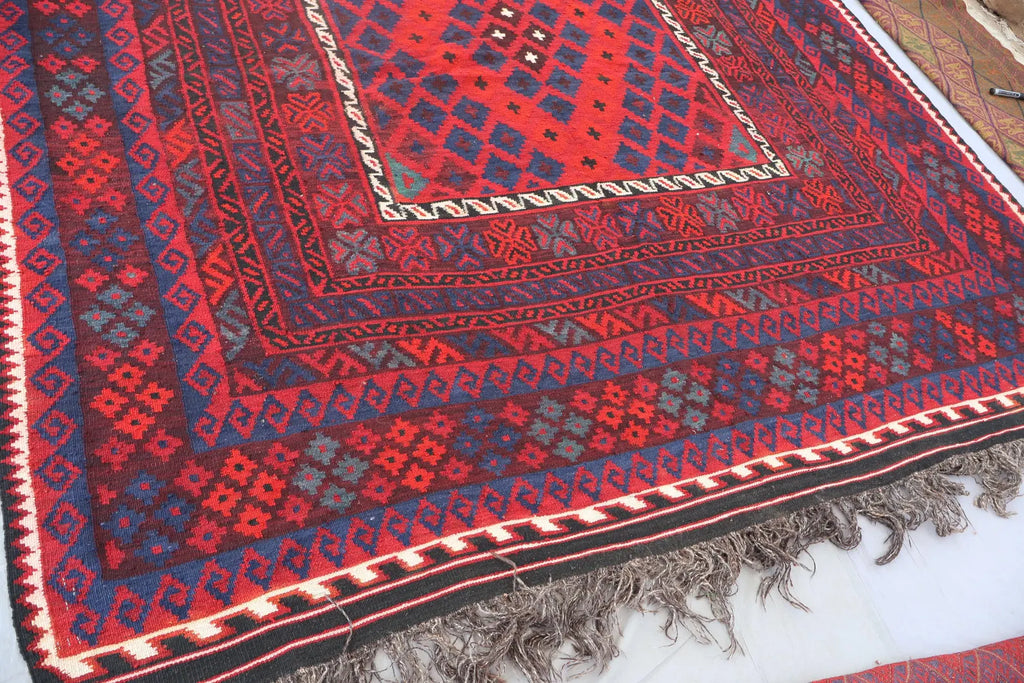 Handmade Afghan Kilim Rug – 244x396 cm | Large Deep Red & Navy Wool Carpet