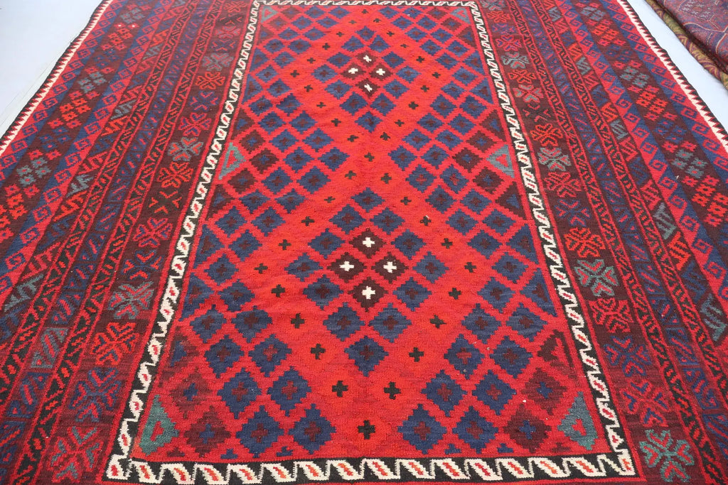 Handmade Afghan Kilim Rug – 244x396 cm | Large Deep Red & Navy Wool Carpet