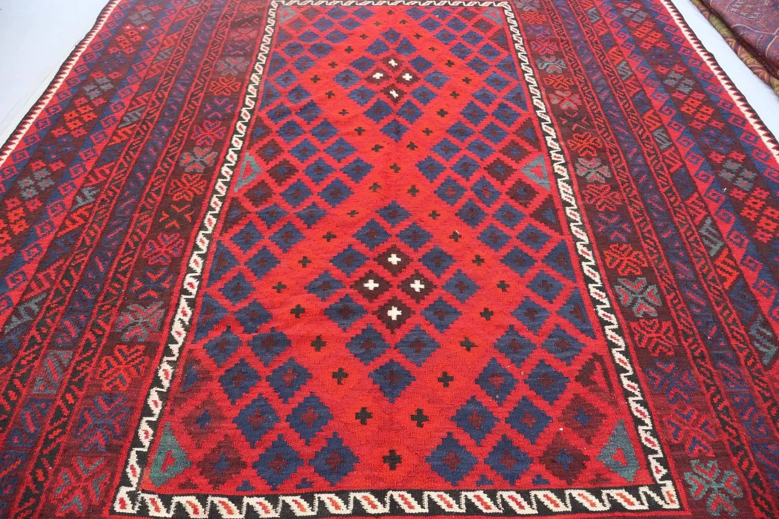 Handmade Afghan Kilim Rug – 244x396 cm | Large Deep Red & Navy Wool Carpet