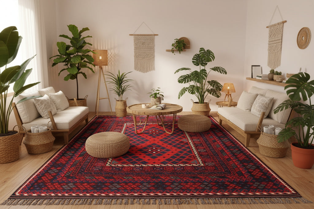 Handmade Afghan Kilim Rug – 244x396 cm | Large Deep Red & Navy Wool Carpet