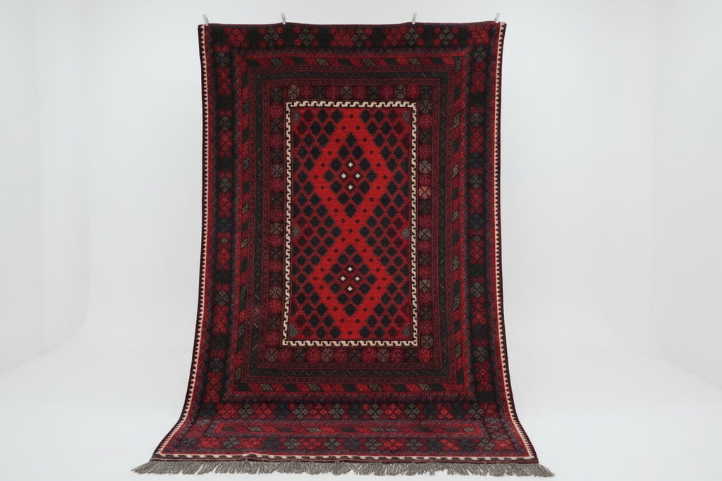 Handmade Afghan Kilim Rug – 244x396 cm | Large Deep Red & Navy Wool Carpet