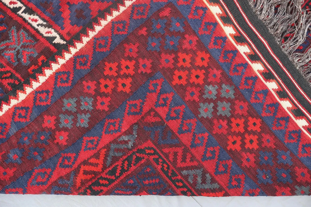 Handmade Afghan Kilim Rug – 244x396 cm | Large Deep Red & Navy Wool Carpet