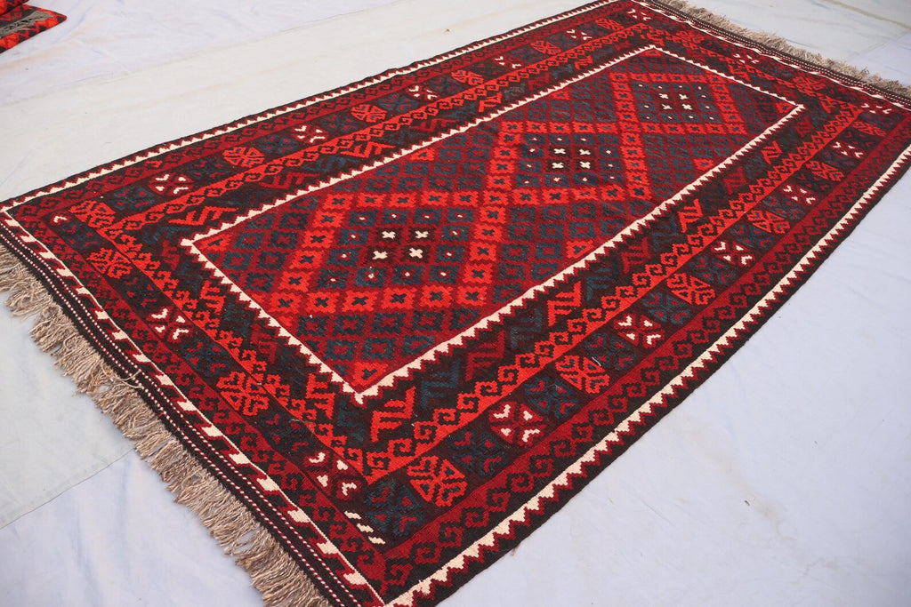 Handmade Afghan Kilim Rug – 152x305 cm | Deep Red & Black Tribal Wool Carpet
