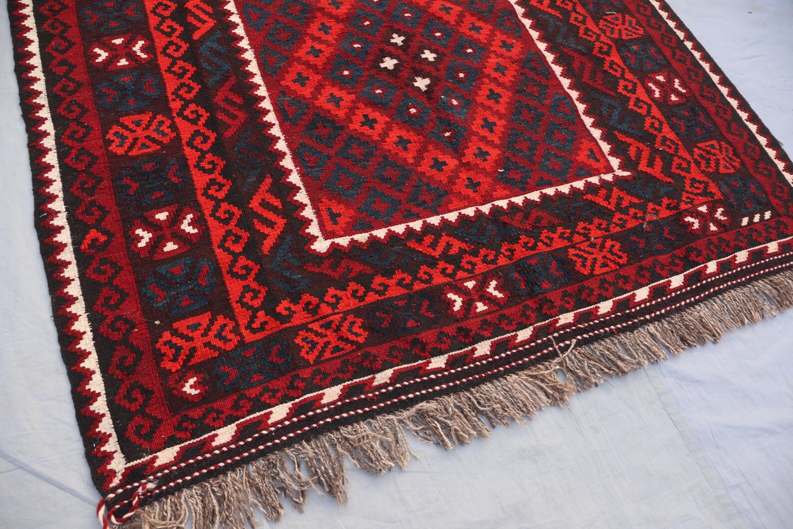 Handmade Afghan Kilim Rug – 152x305 cm | Deep Red & Black Tribal Wool Carpet