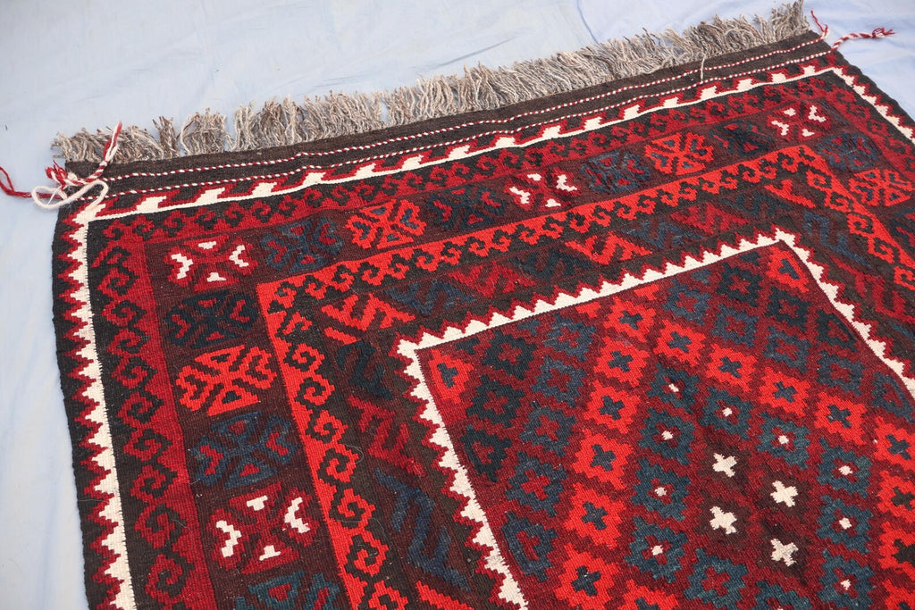 Handmade Afghan Kilim Rug – 152x305 cm | Deep Red & Black Tribal Wool Carpet