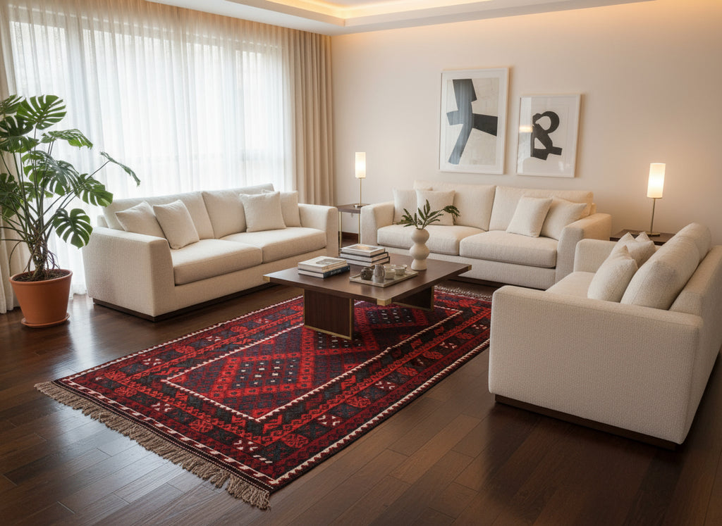 Handmade Afghan Kilim Rug – 152x305 cm | Deep Red & Black Tribal Wool Carpet