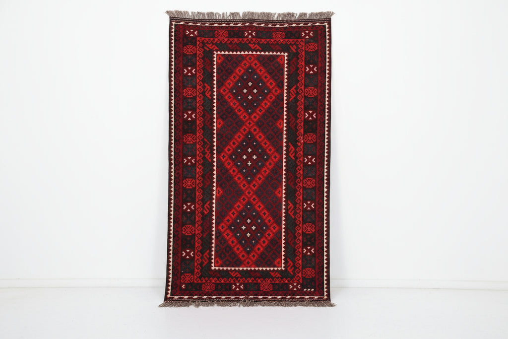 Handmade Afghan Kilim Rug – 152x305 cm | Deep Red & Black Tribal Wool Carpet