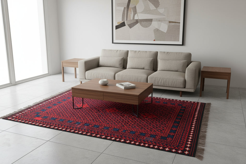 Handmade Afghan Kilim Rug – 183x305 cm | Red & Navy Tribal Wool Carpet