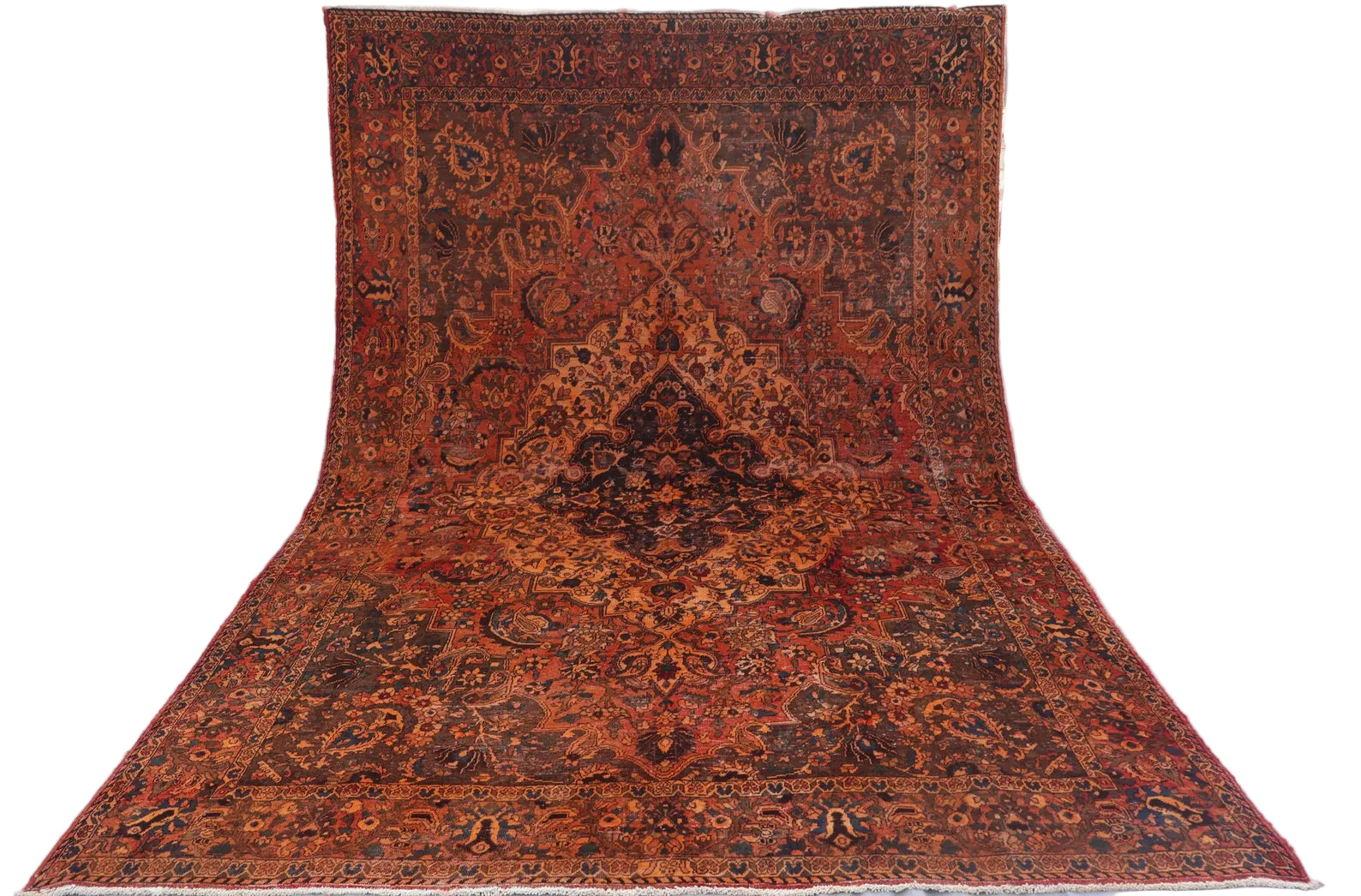 Antique Afghan Herati Rug – 204 × 314 cm Handwoven Wool Carpet | Deep Rust & Brown Floral Medallion | Traditional Afghan Home Decor | 6.7 × 10.3 ft