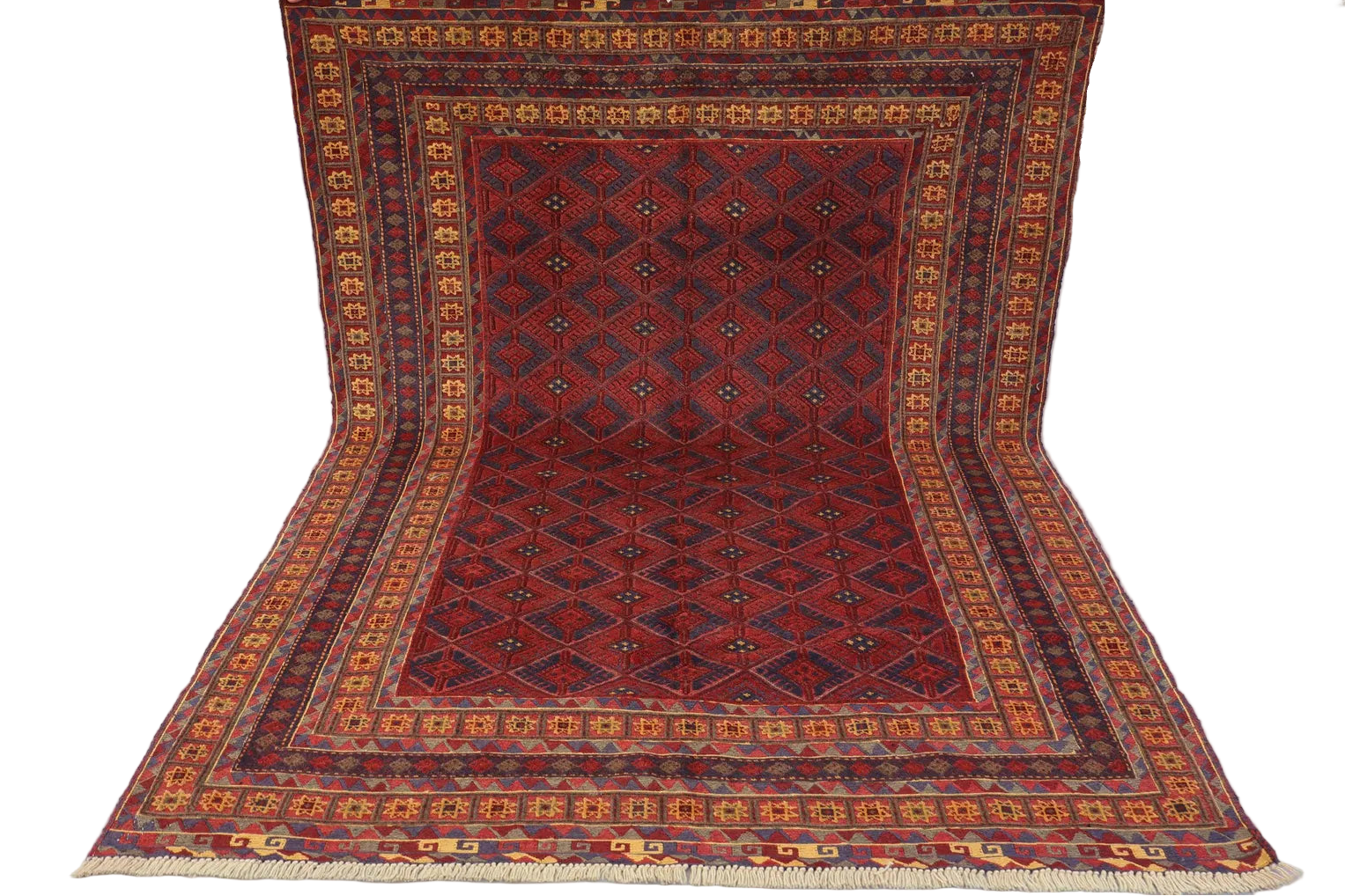 Afghan Baluch Tribal Rug 125 × 201 cm – Handwoven Wool Carpet | Red Geometric Pattern | 4.1 × 6.6 ft