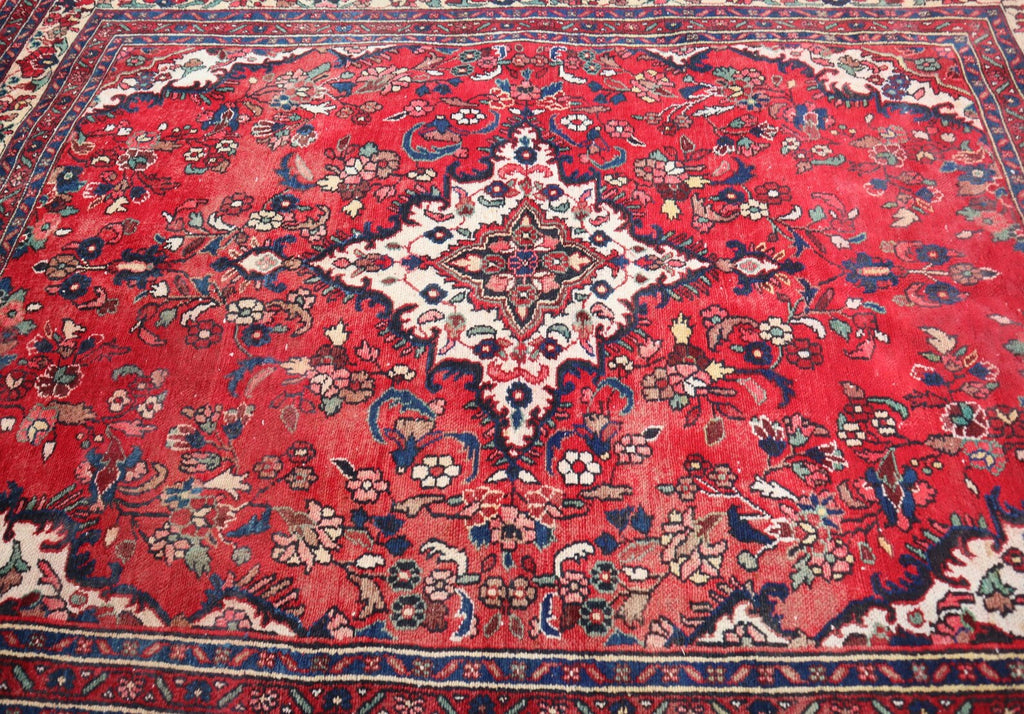 Red Floral Area Rug 7.8 × 10.0 ft (238 × 305 cm) – Large Wool Rug for Living Room | Vintage Handmade Carpet