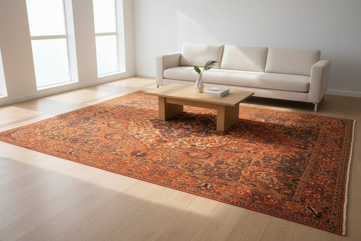 Antique Afghan Herati Rug – 204 × 314 cm Handwoven Wool Carpet | Deep Rust & Brown Floral Medallion | Traditional Afghan Home Decor | 6.7 × 10.3 ft